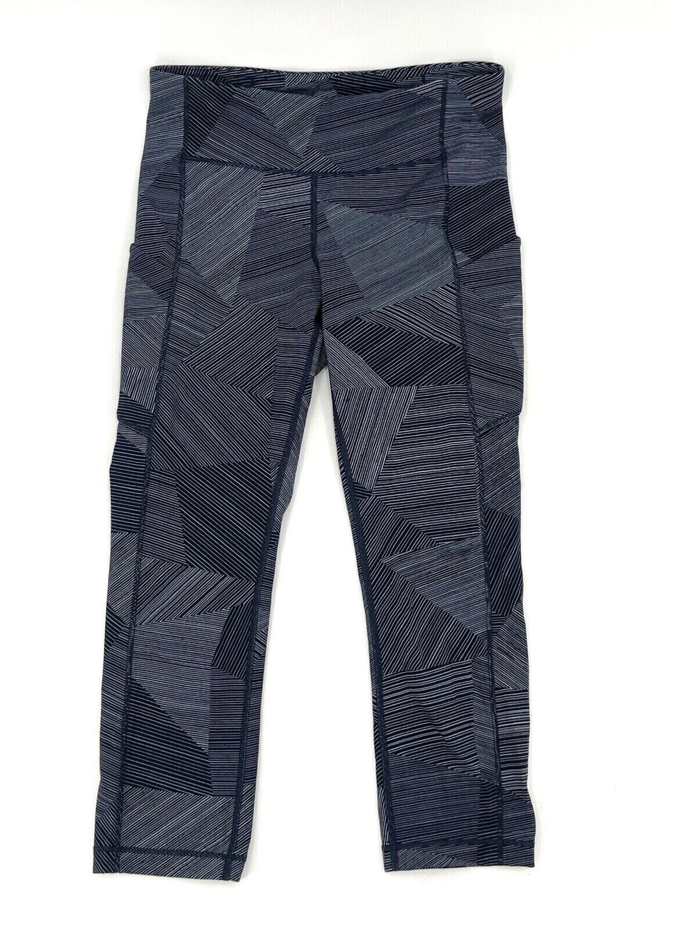 Lululemon Pants Womens 6 Blue Stripes Leggings Capri Back Pocket Running Active
